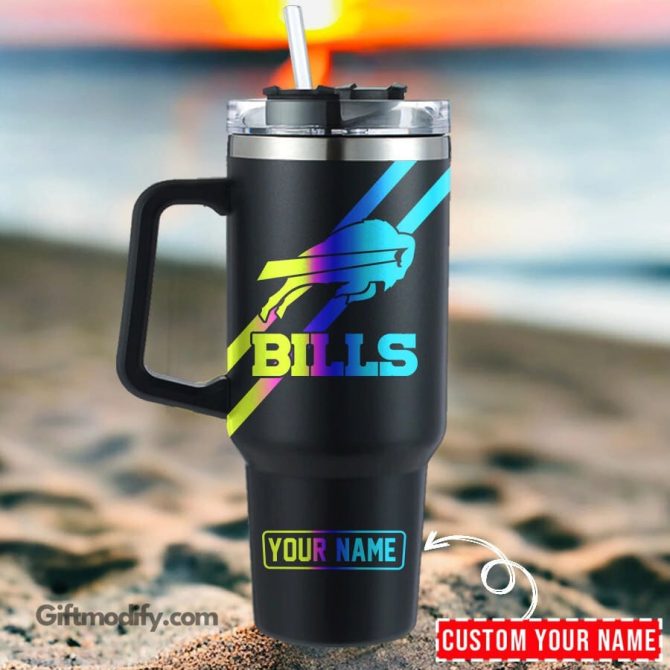 Buffalo Bills Nfl Hologram Logo Custom Stanley Quencher 40Oz Stainless Steel Tumbler With Handle