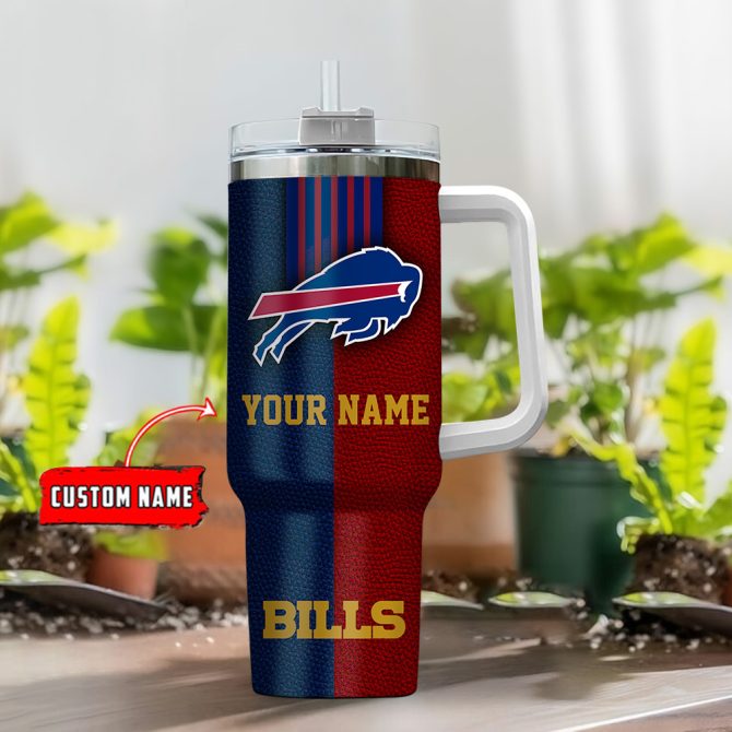 Buffalo Bills Nfl Leather Effect Custom Stanley Quencher 40Oz Stainless Steel Tumbler With Handle - Image 2