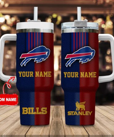 Buffalo Bills Nfl Leather Effect Custom Stanley Quencher 40Oz Stainless Steel Tumbler With Handle