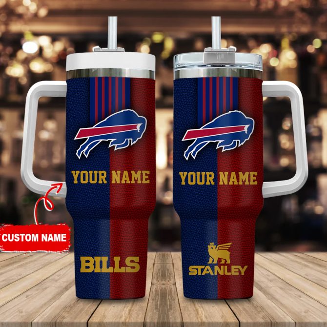 Buffalo Bills Nfl Leather Effect Custom Stanley Quencher 40Oz Stainless Steel Tumbler With Handle