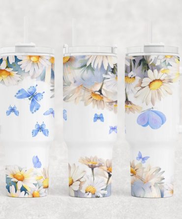 Butterflies And Daisies Custom Stanley Quencher 40Oz Stainless Steel Tumbler With Handle