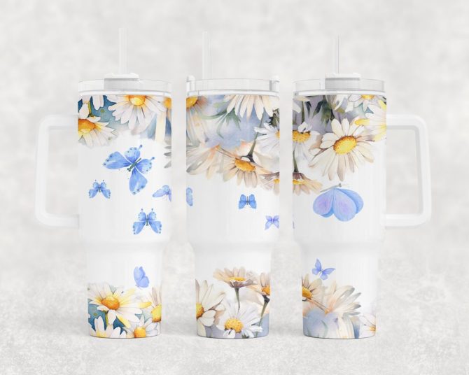 Butterflies And Daisies Custom Stanley Quencher 40Oz Stainless Steel Tumbler With Handle