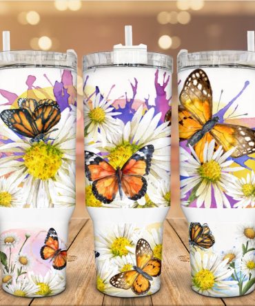 Butterflies And Daisies Custom Stanley Quencher 40Oz Stainless Steel Tumbler With Handle