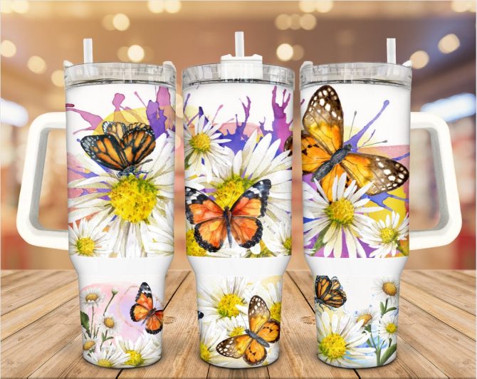 Butterflies And Daisies Custom Stanley Quencher 40Oz Stainless Steel Tumbler With Handle
