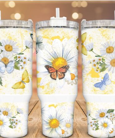 Butterflies And Daisies In Nature Custom Stanley Quencher 40Oz Stainless Steel Tumbler With Handle