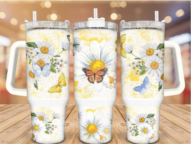 Butterflies And Daisies In Nature Custom Stanley Quencher 40Oz Stainless Steel Tumbler With Handle