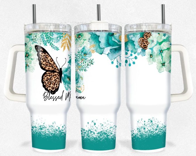 Butterflies And Flowers Custom Stanley Quencher 40Oz Stainless Steel Tumbler With Handle