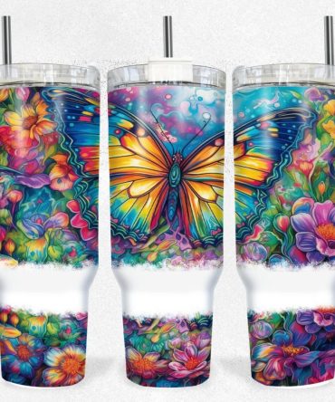 Butterflies And Flowers Custom Stanley Quencher 40Oz Stainless Steel Tumbler With Handle