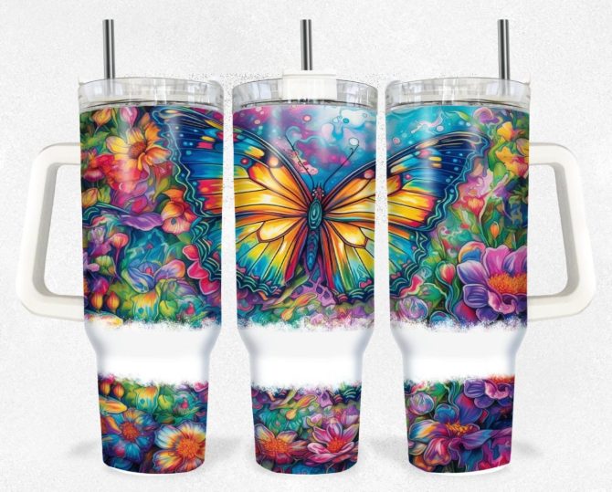 Butterflies And Flowers Custom Stanley Quencher 40Oz Stainless Steel Tumbler With Handle