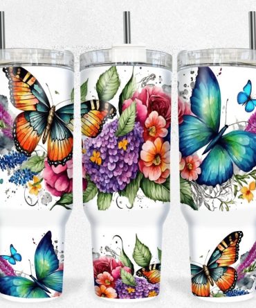 Butterflies And Flowers Custom Stanley Quencher 40Oz Stainless Steel Tumbler With Handle
