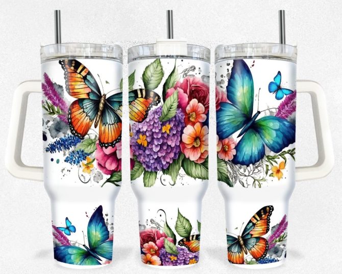 Butterflies And Flowers Custom Stanley Quencher 40Oz Stainless Steel Tumbler With Handle