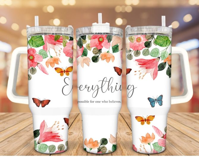 Butterflies Floral Custom Stanley Quencher 40Oz Stainless Steel Tumbler With Handle
