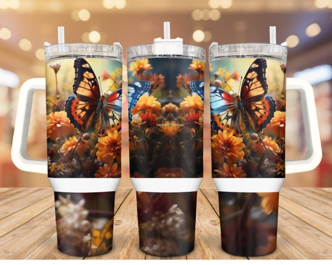 Butterflies Floral Custom Stanley Quencher 40Oz Stainless Steel Tumbler With Handle