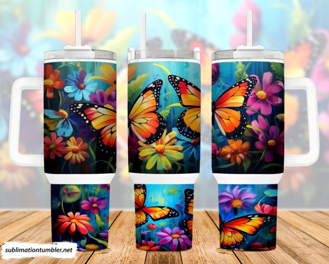 Butterflies Painting Custom Stanley Quencher 40Oz Stainless Steel Tumbler With Handle