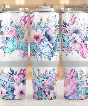 Butterfly And Floral Custom Stanley Quencher 40Oz Stainless Steel Tumbler With Handle