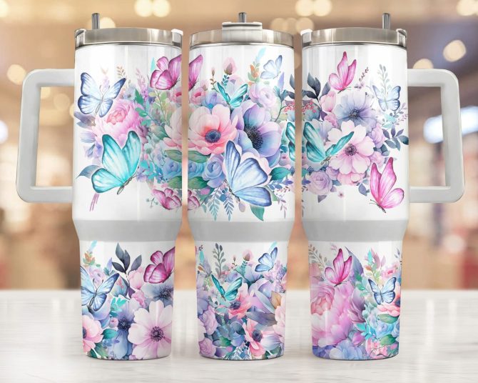 Butterfly And Floral Custom Stanley Quencher 40Oz Stainless Steel Tumbler With Handle