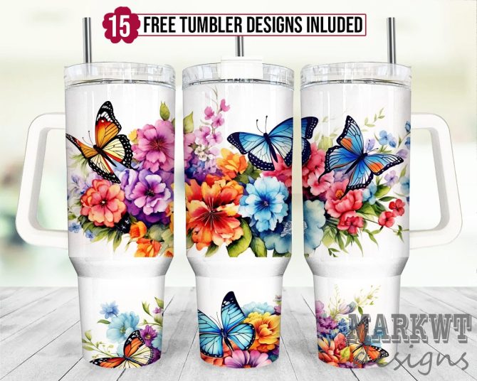 Butterfly And Floral Custom Stanley Quencher 40Oz Stainless Steel Tumbler With Handle