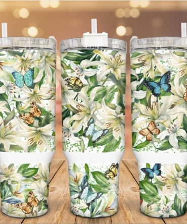 Butterfly And Lily Custom Stanley Quencher 40Oz Stainless Steel Tumbler With Handle