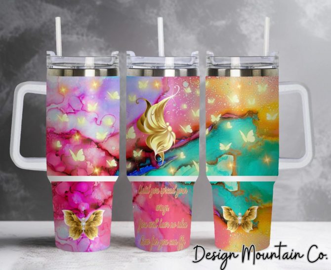 Butterfly Custom Stanley Quencher 40Oz Stainless Steel Tumbler With Handle