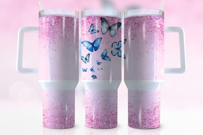 Butterfly Glitter Custom Stanley Quencher 40Oz Stainless Steel Tumbler With Handle
