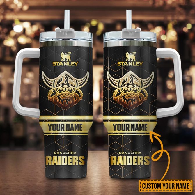 Canberra Raiders Nrl Golden Logo Custom Stanley Quencher 40Oz Stainless Steel Tumbler With Handle