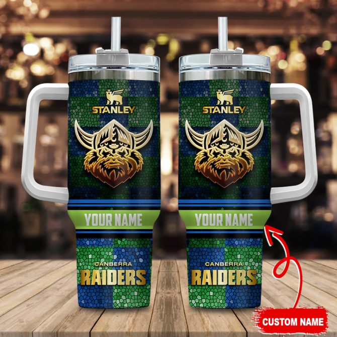 Canberra Raiders Nrl Golden Logo Stained Glass Effect Custom Stanley Quencher 40Oz Stainless Steel Tumbler With Handle