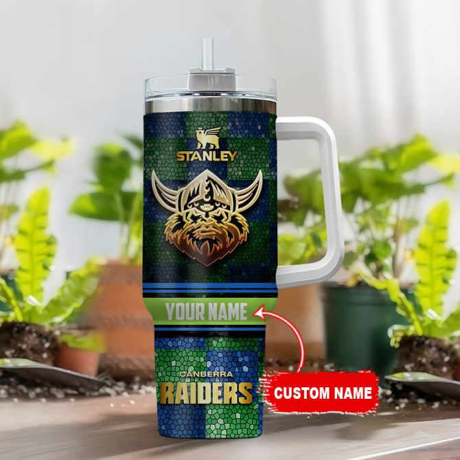 Canberra Raiders Nrl Golden Logo Stained Glass Effect Custom Stanley Quencher 40Oz Stainless Steel Tumbler With Handle - Image 2
