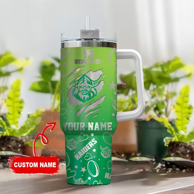 Canberra Raiders Nrl Silver Logo Custom Stanley Quencher 40Oz Stainless Steel Tumbler With Handle - Image 2