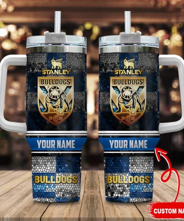 Canterbury-Bankstown Bulldogs Nrl Golden Logo Stained Glass Effect Custom Stanley Quencher 40Oz Stainless Steel Tumbler With Handle