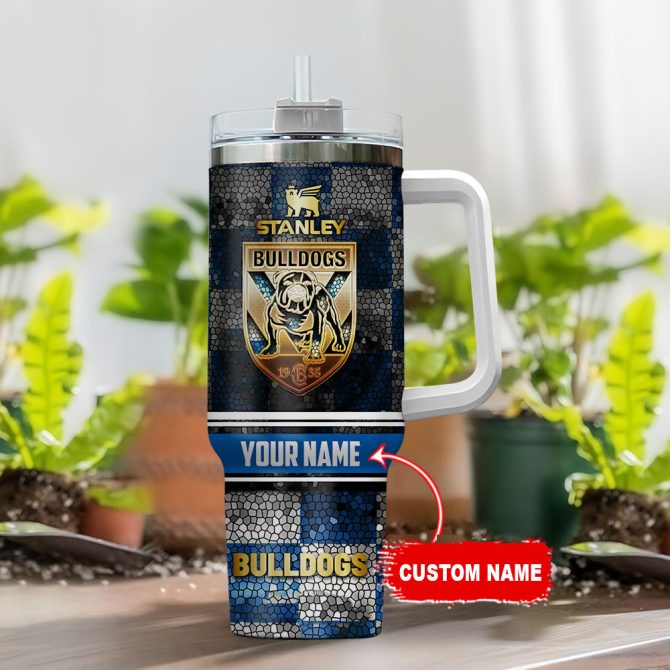 Canterbury-Bankstown Bulldogs Nrl Golden Logo Stained Glass Effect Custom Stanley Quencher 40Oz Stainless Steel Tumbler With Handle - Image 2