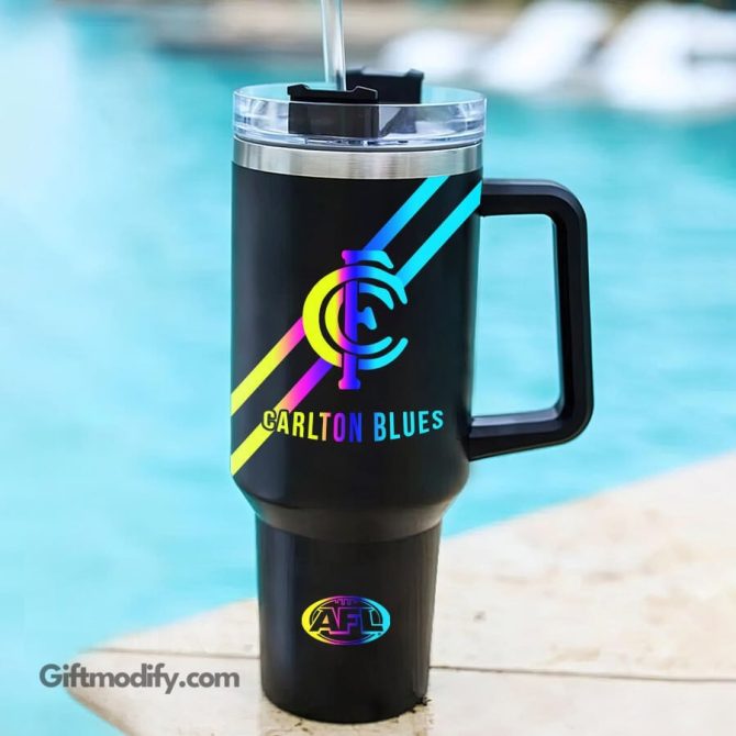 Carlton Blues Afl Hologram Logo Custom Stanley Quencher 40Oz Stainless Steel Tumbler With Handle - Image 2