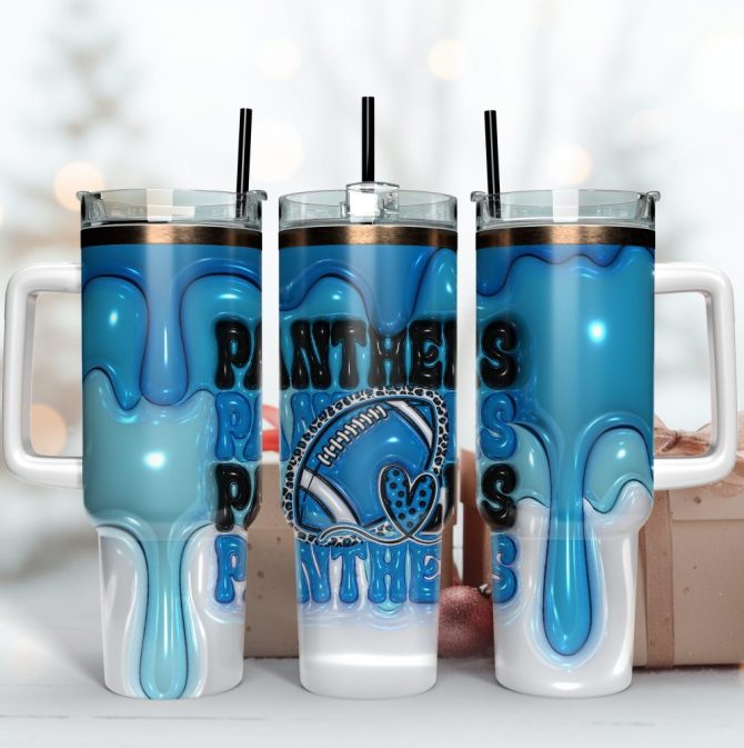 Carolina Panthers Nfl 3D Inflated Puff Effect Custom Stanley Quencher 40Oz Stainless Steel Tumbler With Handle