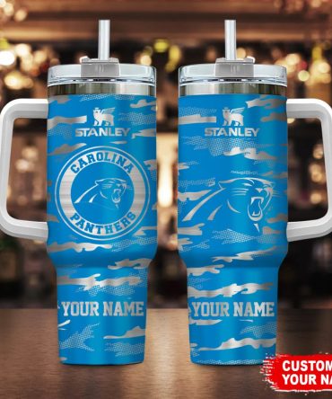 Carolina Panthers Nfl Camo Pattern Custom Stanley Quencher 40Oz Stainless Steel Tumbler With Handle
