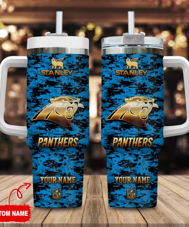 Carolina Panthers Nfl Camouflage Golden Logo Custom Stanley Quencher 40Oz Stainless Steel Tumbler With Handle