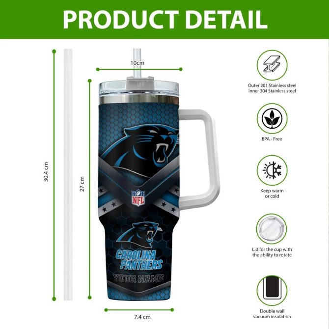 Carolina Panthers Nfl Custom Stanley Quencher 40Oz Stainless Steel Tumbler With Handle - Image 2
