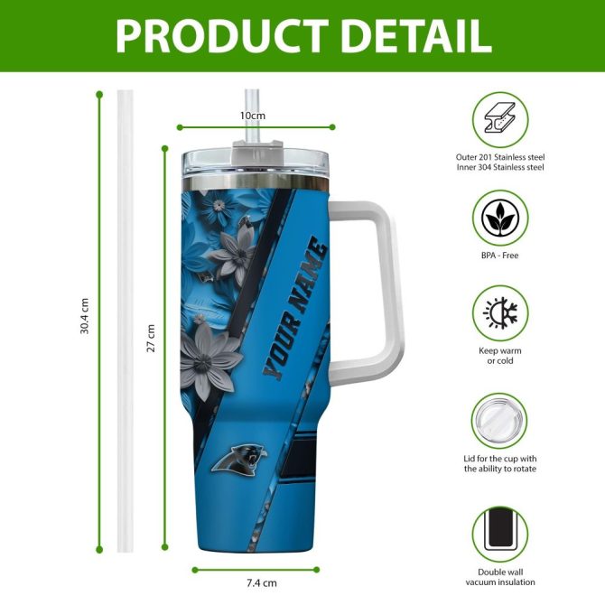 Carolina Panthers Nfl Custom Stanley Quencher 40Oz Stainless Steel Tumbler With Handle - Image 2