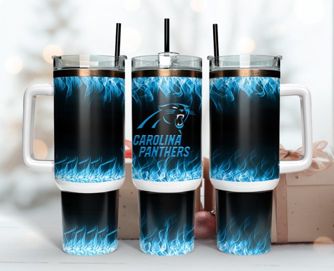 Carolina Panthers Nfl Fire Effect Custom Stanley Quencher 40Oz Stainless Steel Tumbler With Handle