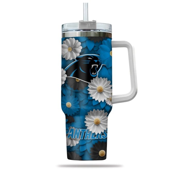 Carolina Panthers Nfl Flowers Custom Stanley Quencher 40Oz Stainless Steel Tumbler With Handle - Image 2