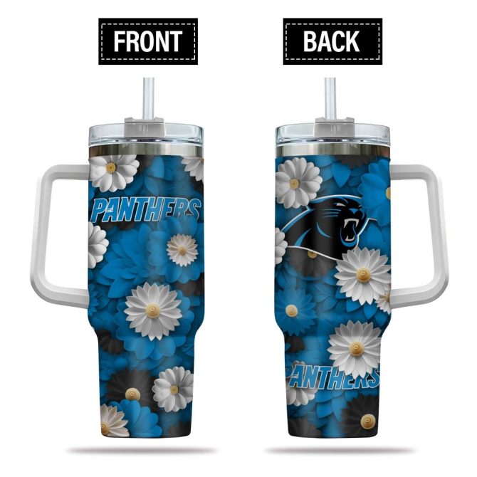 Carolina Panthers Nfl Flowers Custom Stanley Quencher 40Oz Stainless Steel Tumbler With Handle