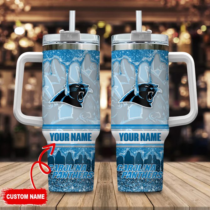 Carolina Panthers Nfl Glitter Custom Stanley Quencher 40Oz Stainless Steel Tumbler With Handle