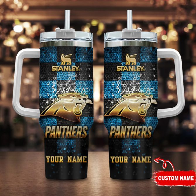 Carolina Panthers Nfl Glitter Golden Logo Custom Stanley Quencher 40Oz Stainless Steel Tumbler With Handle