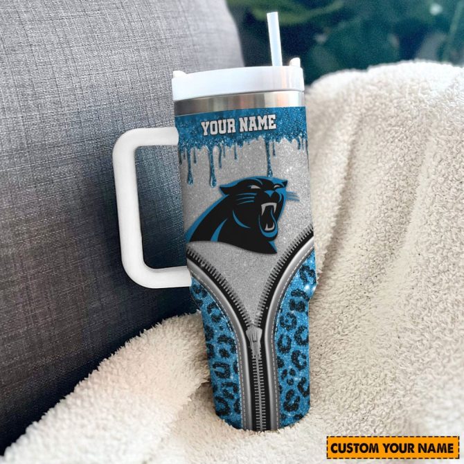 Carolina Panthers Nfl Glitter Leopard Print Custom Stanley Quencher 40Oz Stainless Steel Tumbler With Handle - Image 3