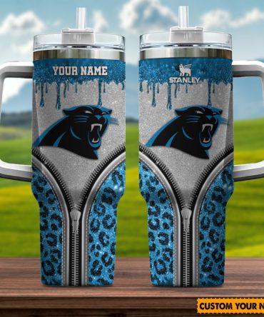 Carolina Panthers Nfl Glitter Leopard Print Custom Stanley Quencher 40Oz Stainless Steel Tumbler With Handle