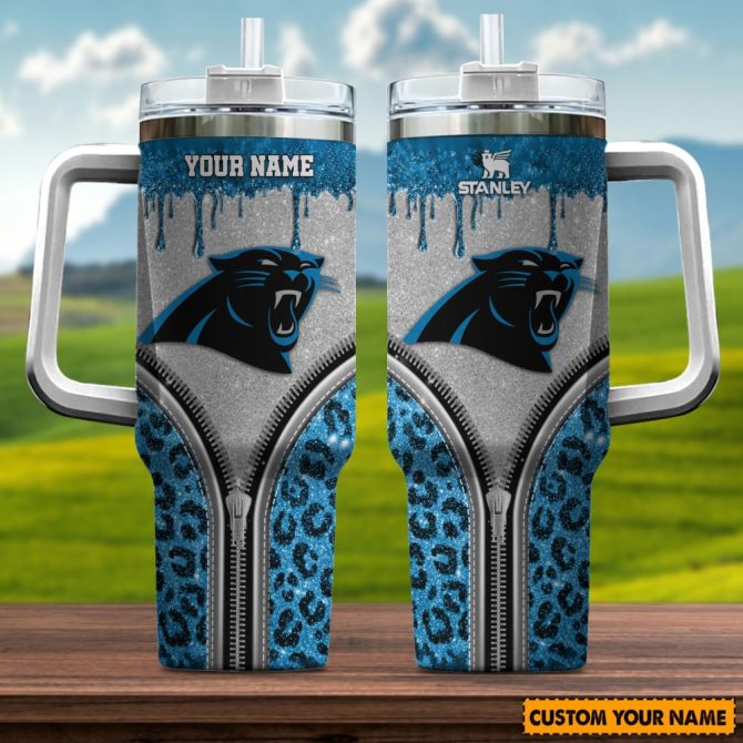 Carolina Panthers Nfl Glitter Leopard Print Custom Stanley Quencher 40Oz Stainless Steel Tumbler With Handle