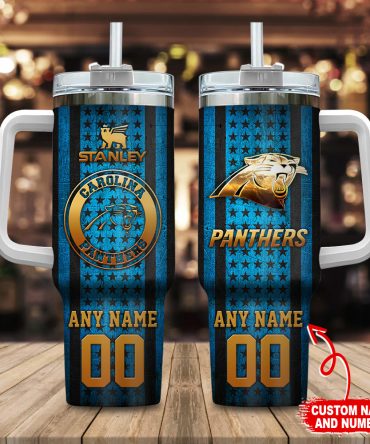 Carolina Panthers Nfl Golden Logos Us Flag Custom Stanley Quencher 40Oz Stainless Steel Tumbler With Handle