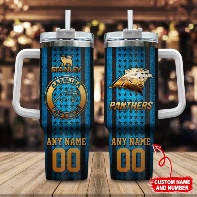 Carolina Panthers Nfl Golden Logos Us Flag Custom Stanley Quencher 40Oz Stainless Steel Tumbler With Handle