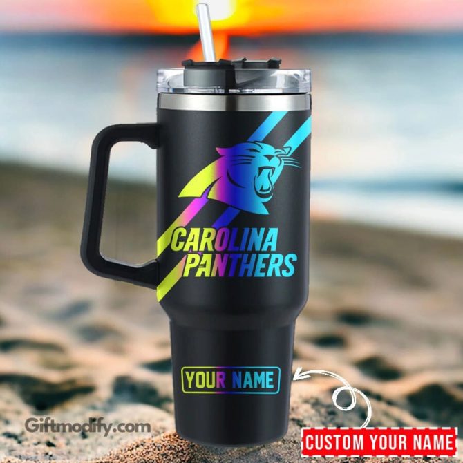 Carolina Panthers Nfl Hologram Logo Custom Stanley Quencher 40Oz Stainless Steel Tumbler With Handle