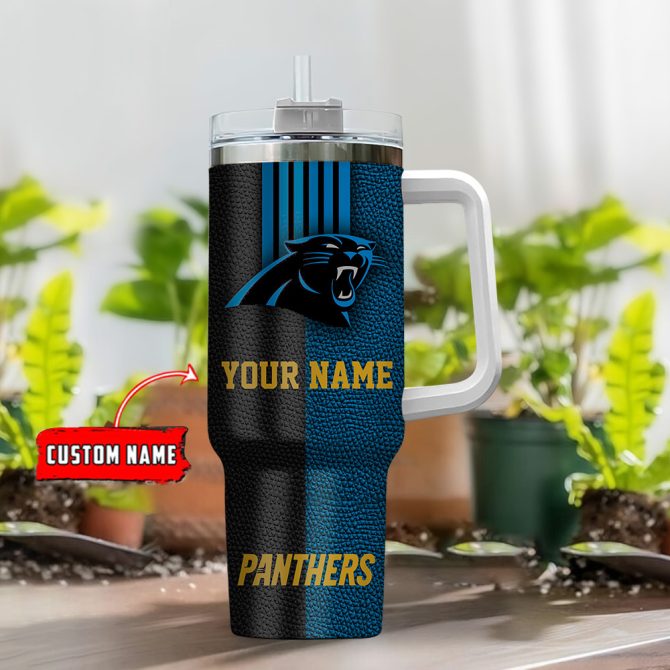 Carolina Panthers Nfl Leather Effect Custom Stanley Quencher 40Oz Stainless Steel Tumbler With Handle - Image 2
