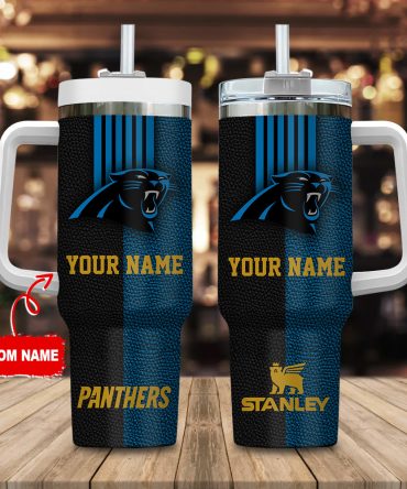 Carolina Panthers Nfl Leather Effect Custom Stanley Quencher 40Oz Stainless Steel Tumbler With Handle
