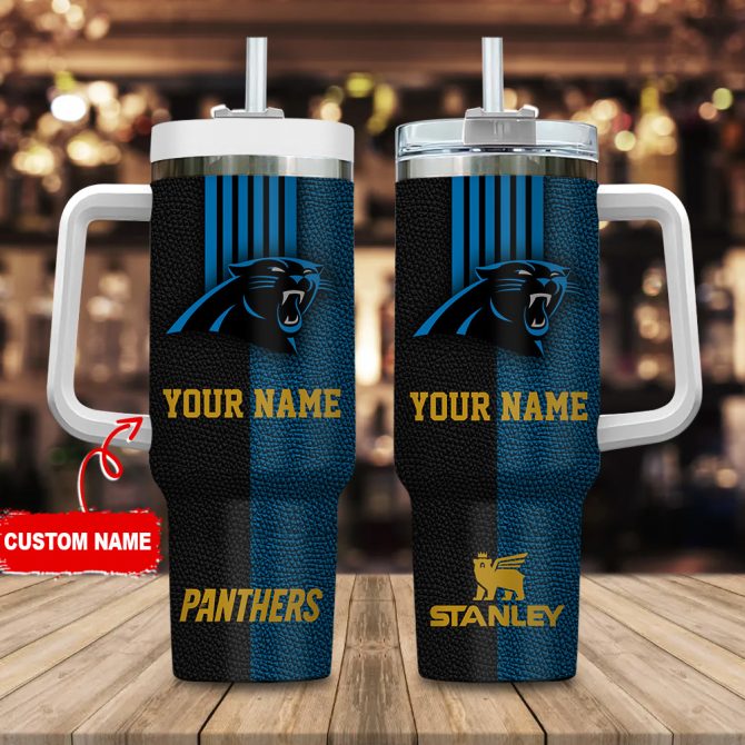 Carolina Panthers Nfl Leather Effect Custom Stanley Quencher 40Oz Stainless Steel Tumbler With Handle